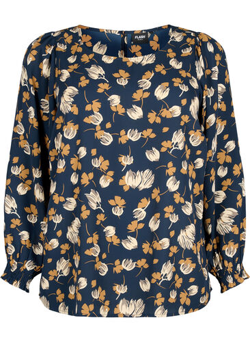 FLASH - Bluse med lange ermer og trykk	, Navy Brown Flower, Packshot image number 0