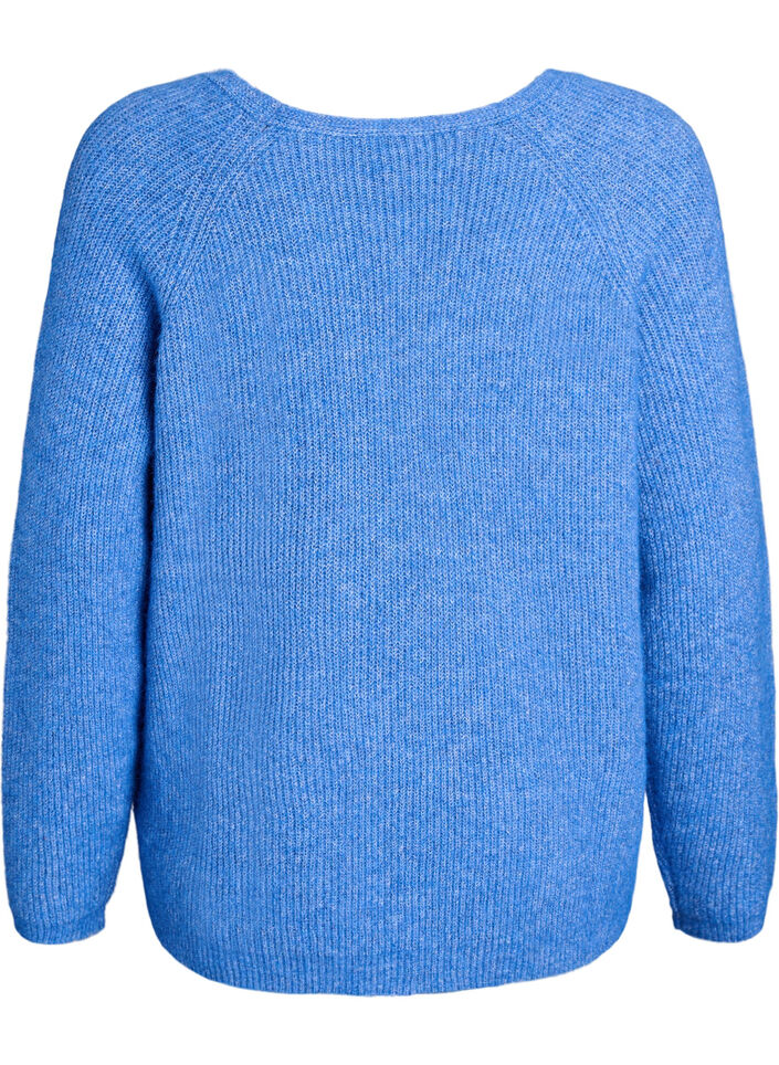 Strikkebluse med V-hals og raglanermer, Bl&aring;, Packshot image number 1