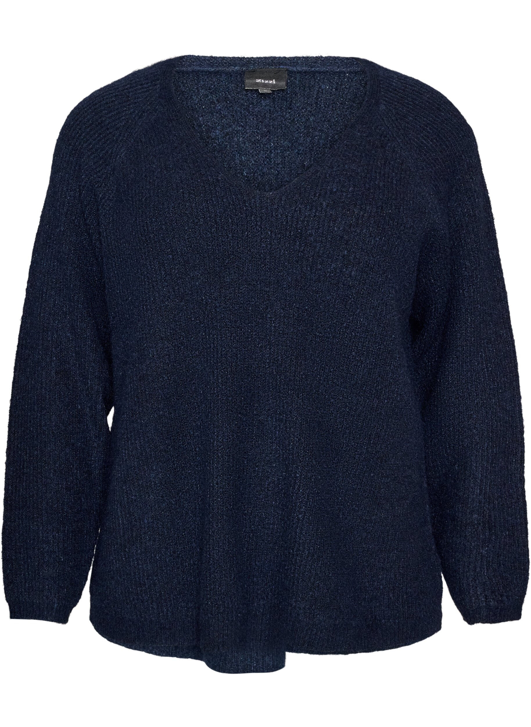 Strikkebluse med V-hals og raglanermer