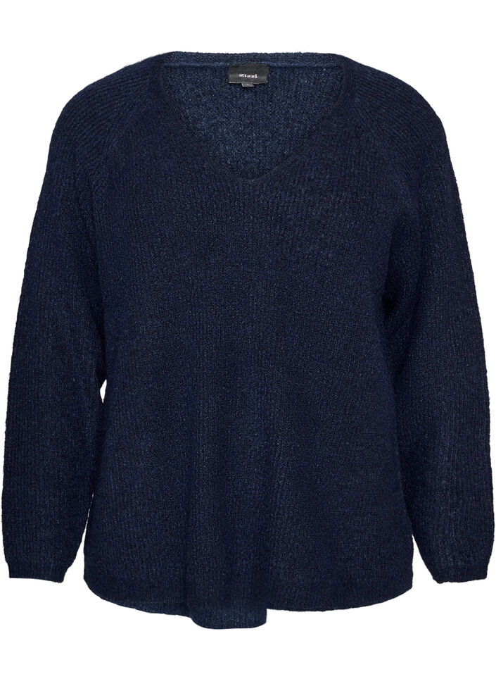 Strikkebluse med V-hals og raglanermer, Bl&aring;, Packshot image number 0