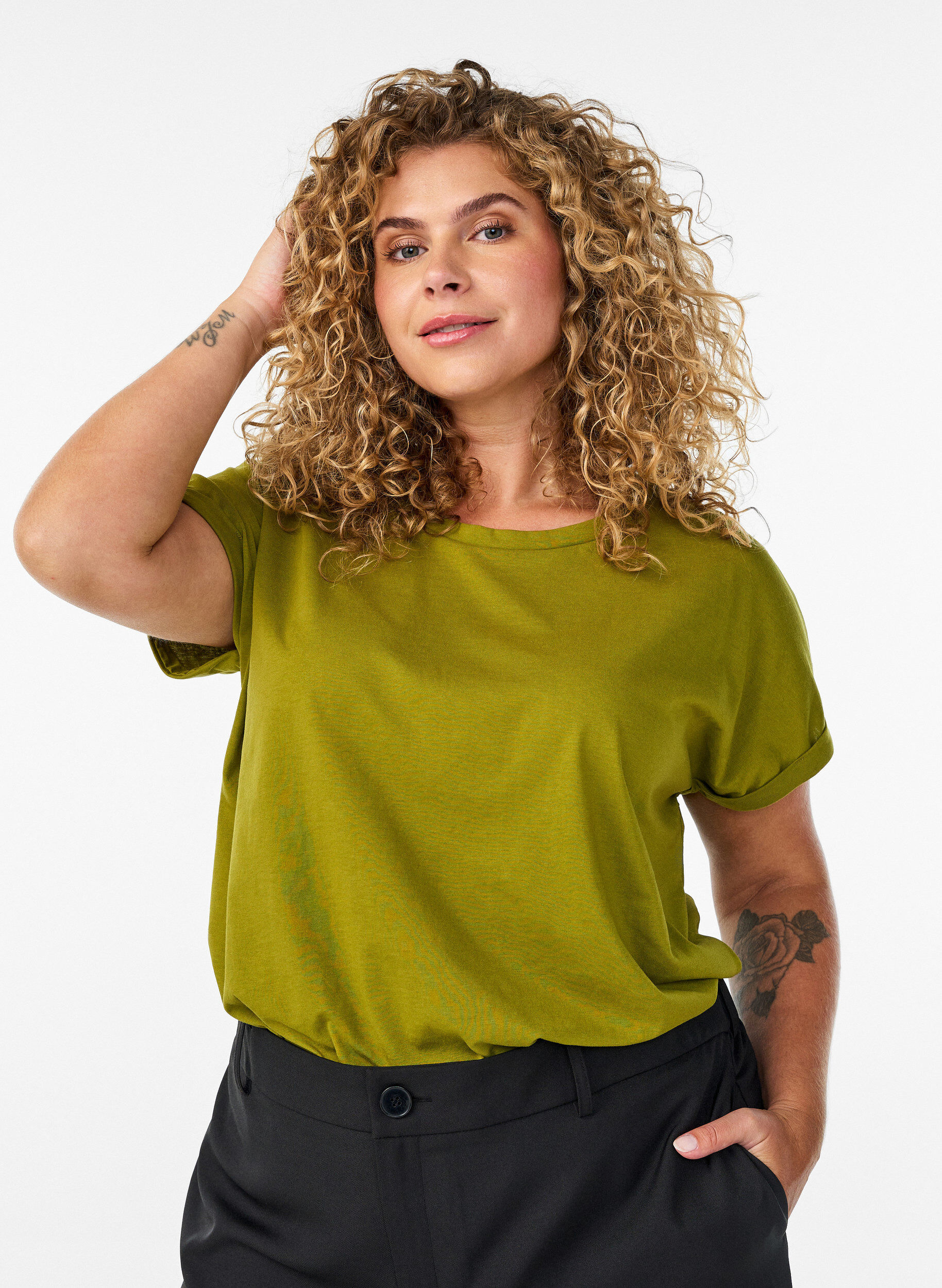 ZizziKortermet T-skjorte i bomullsblanding, Gr&oslash;nn, Model image number 0