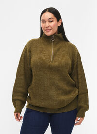 FLASH - strikket genser med høy hals og glidelås, Dark Olive Mel., Model