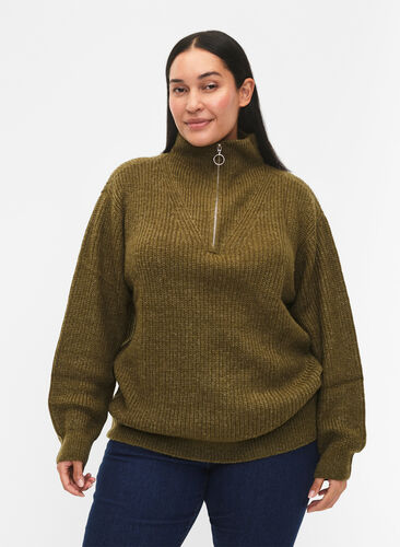 FLASH - strikket genser med høy hals og glidelås, Dark Olive Mel., Model image number 0