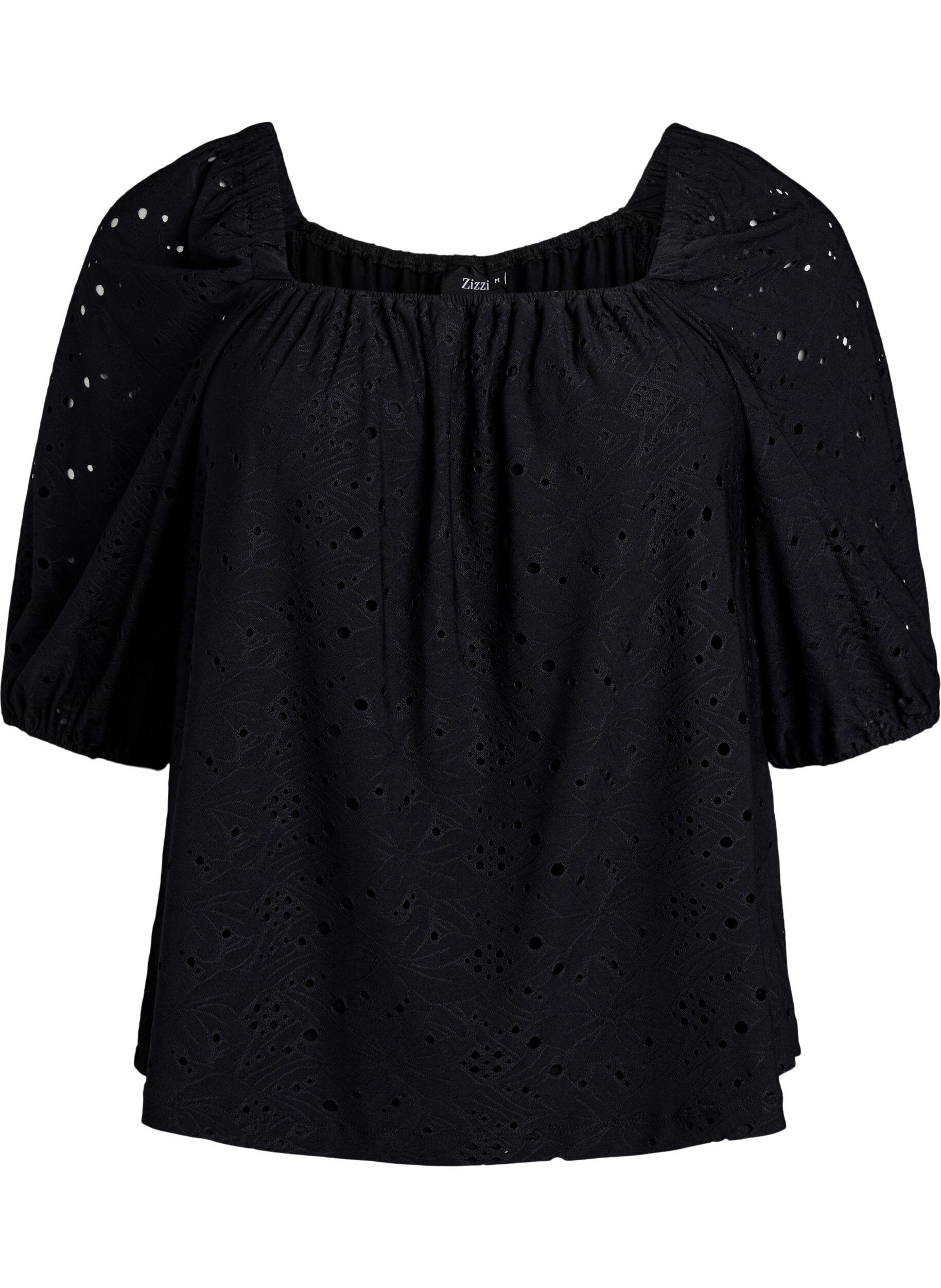 ZizziBluse med korte puffede ermer og hullm&oslash;nster, Svart, Packshot image number 0