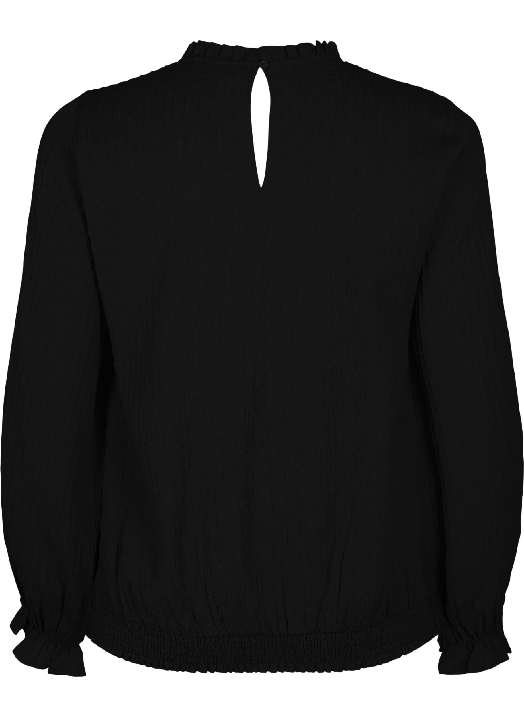 Zizzi Smockbluse med volanger og tekstur, Black, Packshot image number 1