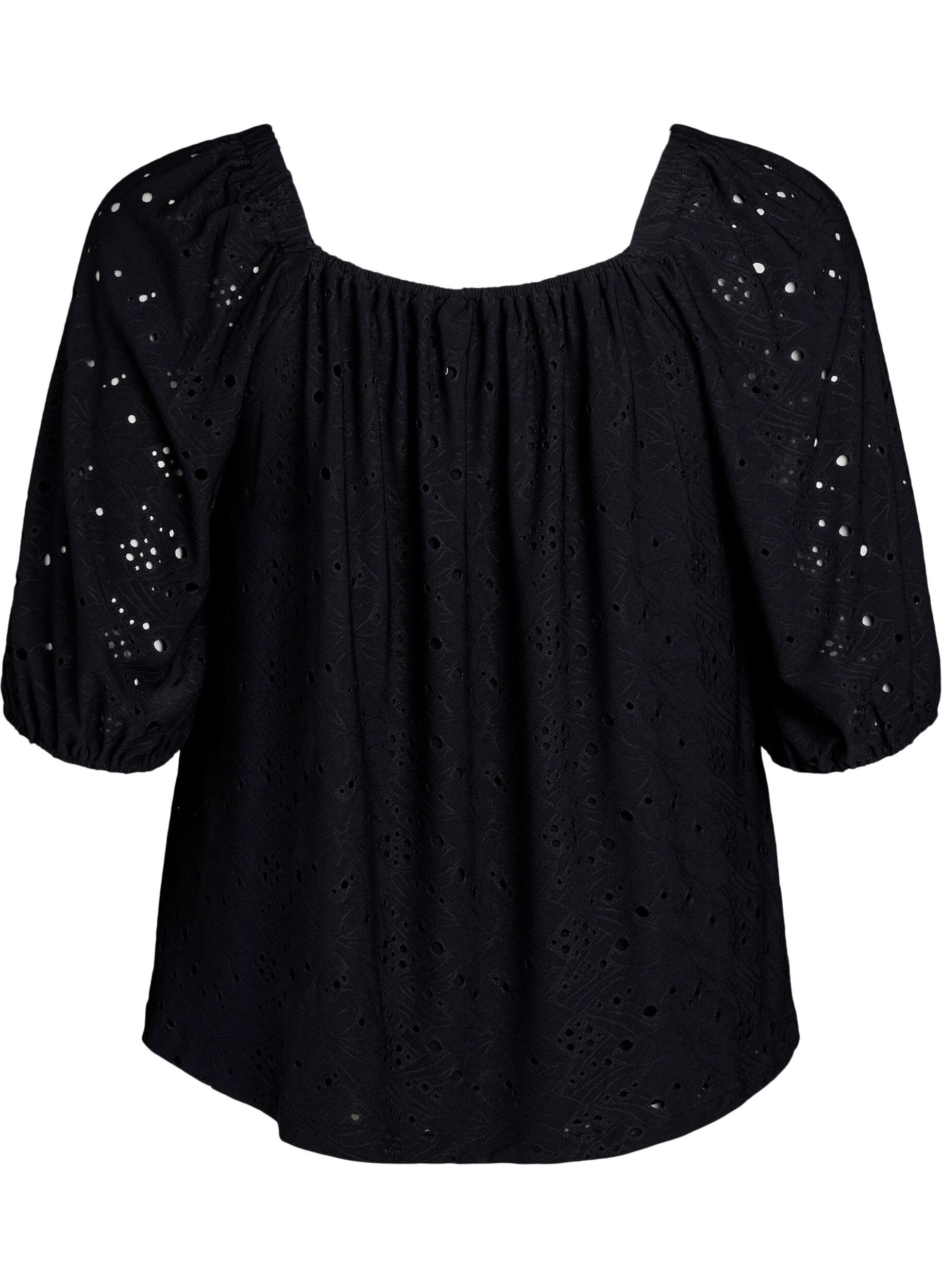 ZizziBluse med korte puffede ermer og hullm&oslash;nster, Svart, Packshot image number 1