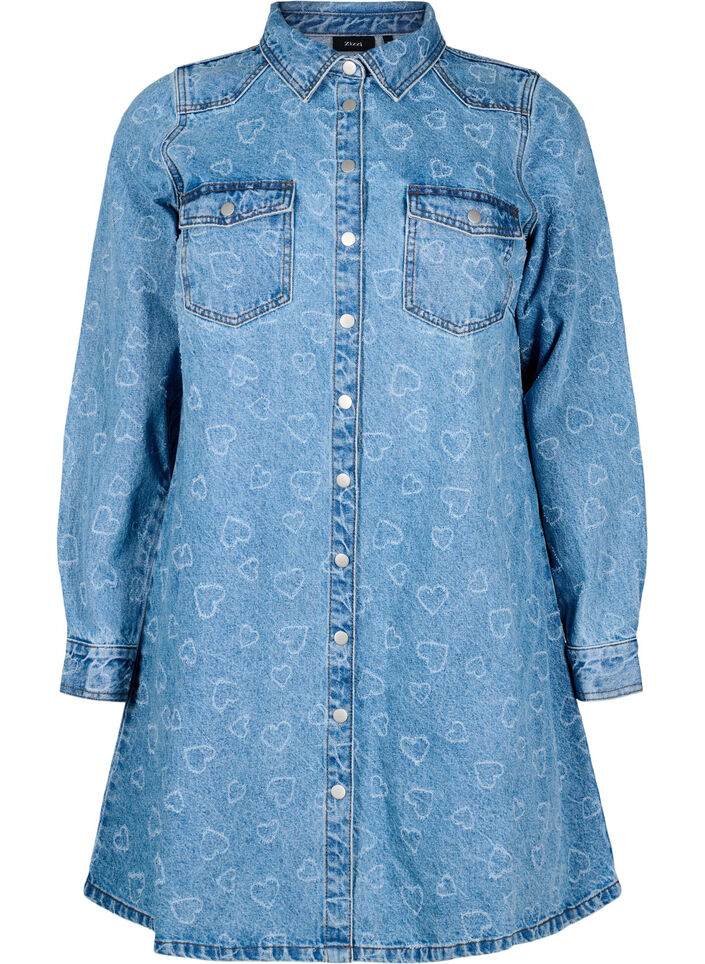 Denimkjole med hjerte-mønster, Blå, Packshot image number 0