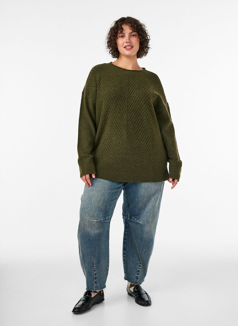 Strikkebluse med V-formet ribbem&oslash;nster og splitter, Gr&oslash;nn, Model image number 1