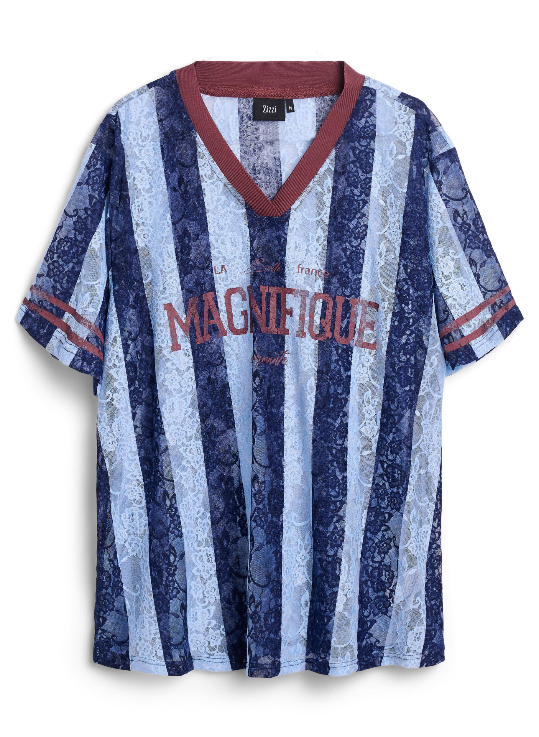 Stripete bluse med blonder og statement-trykk