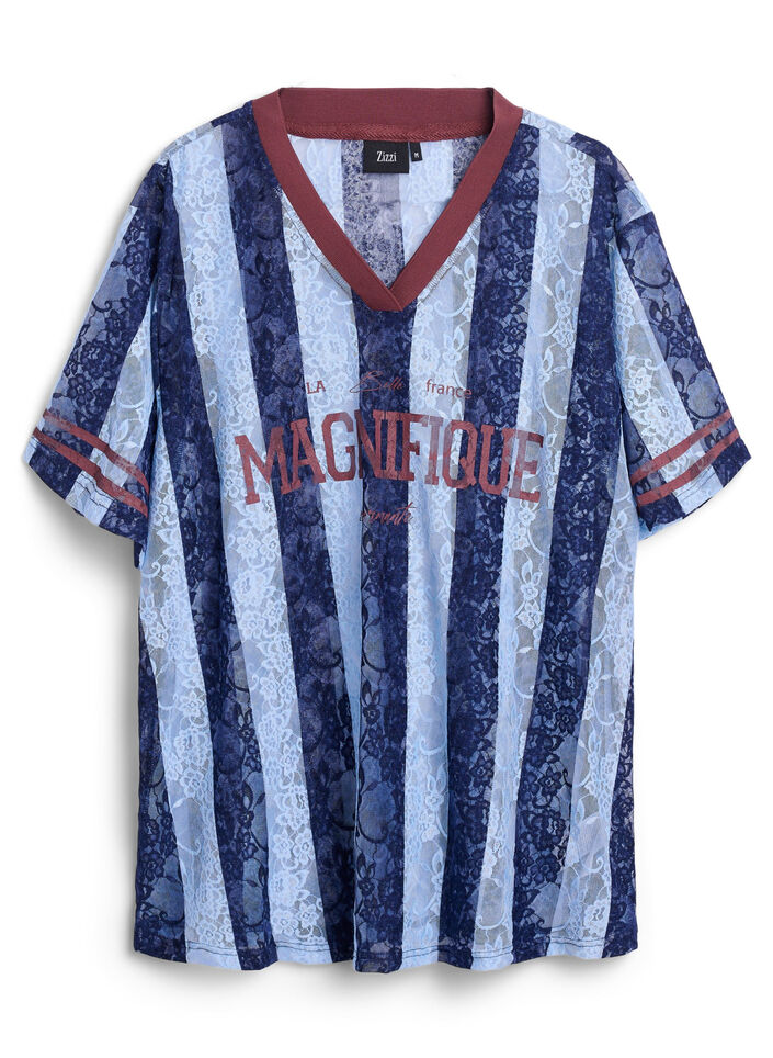 Stripete bluse med blonder og statement-trykk, Blå, Packshot image number 0