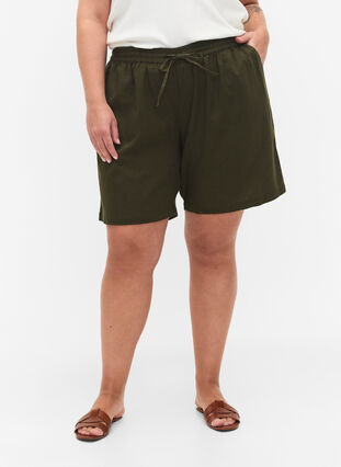 Løs shorts i bomullsblanding med lin, Forest Night, Model image number 2