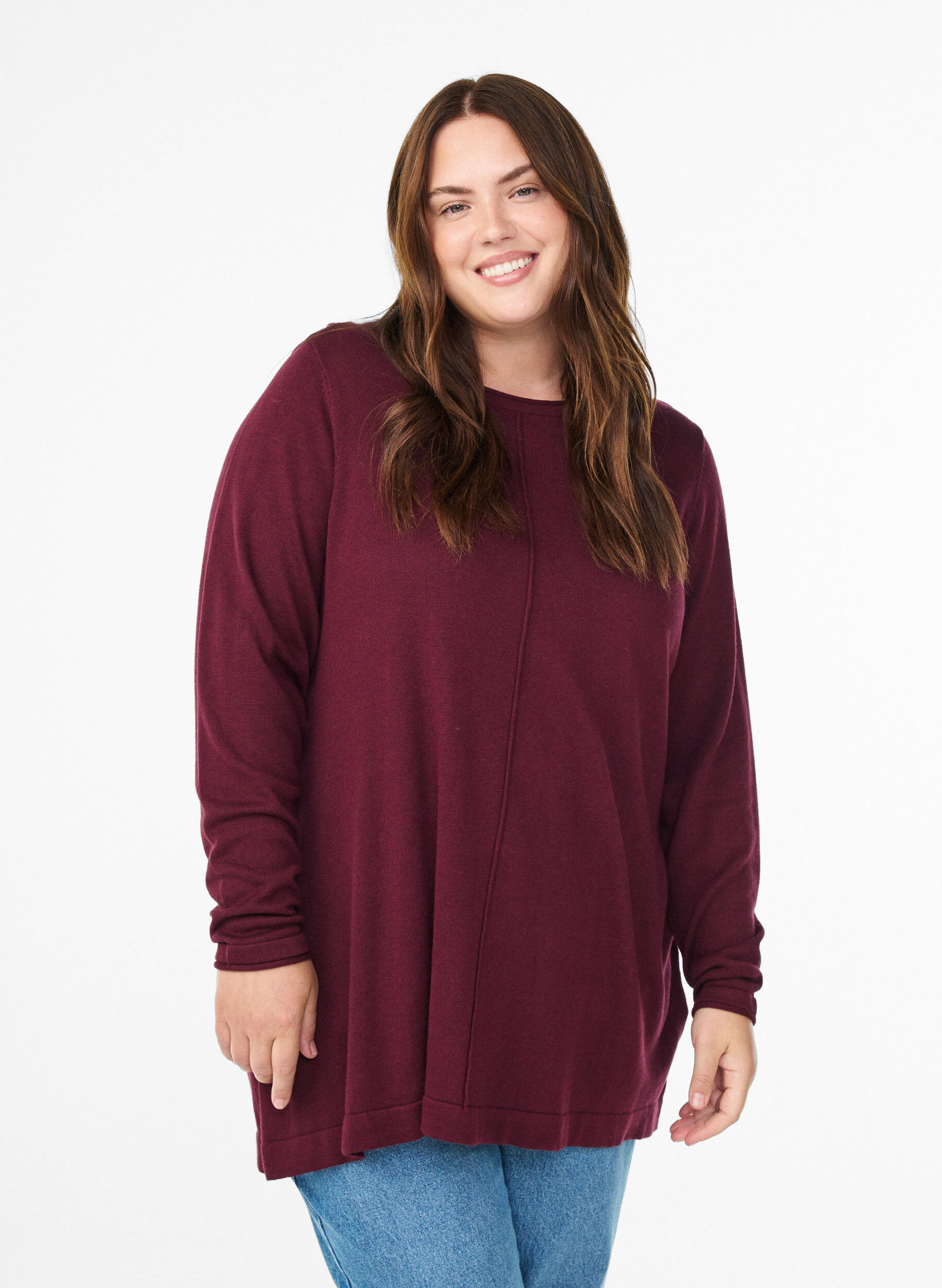 ZizziStrikket bluse i bomull og viskoseblanding, M&oslash;rk Bordeaux, Model image number 0