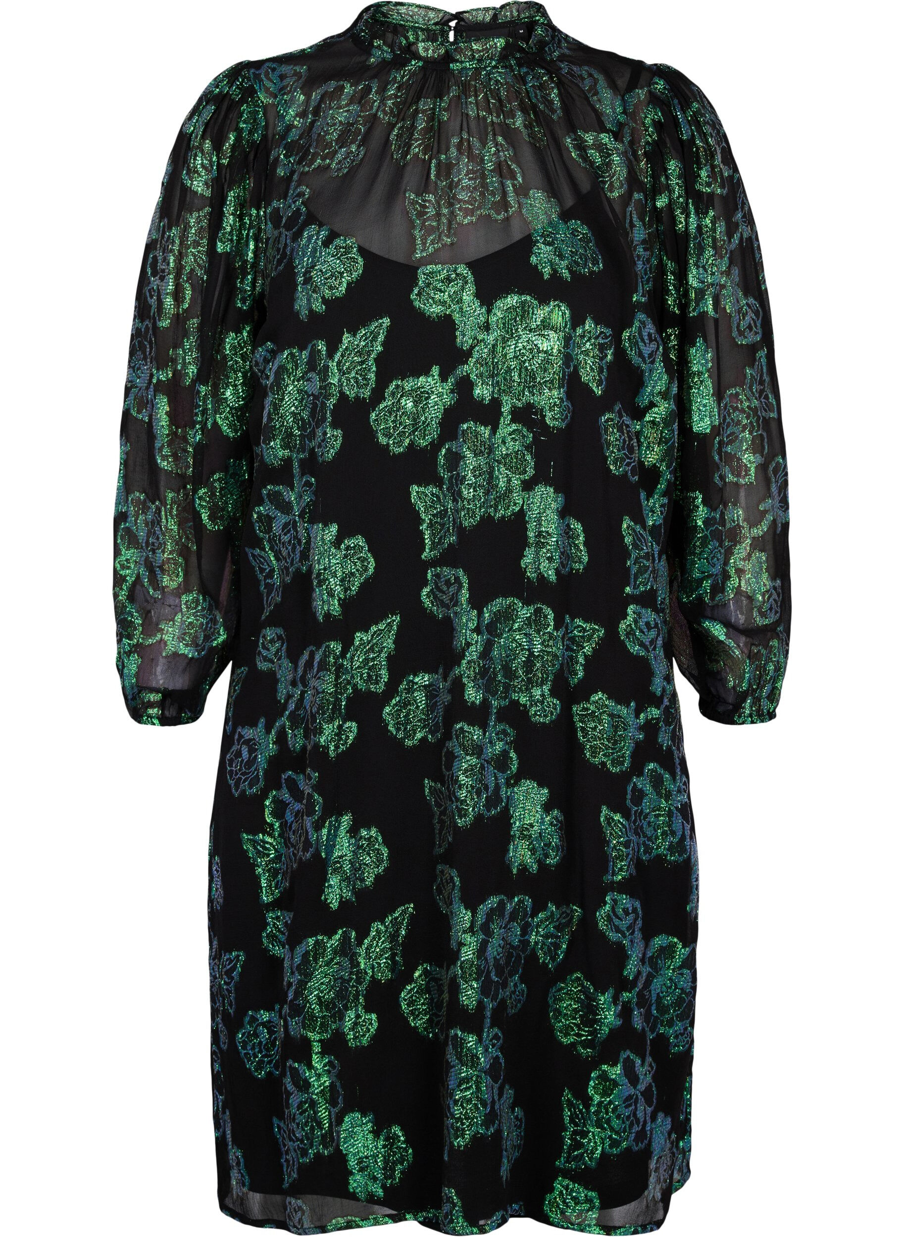 Zizzi Blomstrete kjole i viskose med lurex struktur, Black w. Green Lurex, Packshot image number 0