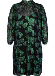 Blomstrete kjole i viskose med lurex struktur, Black w. Green Lurex