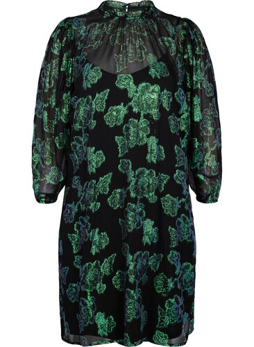 Blomstrete kjole i viskose med lurex struktur, Black w. Green Lurex, Packshot image number 0