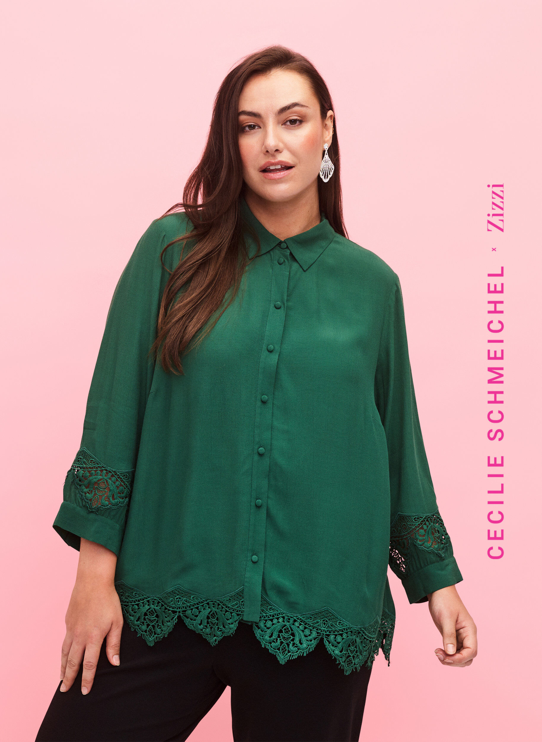Zizzi Viskose skjorte med 3/4 ermer og broderidetaljer, Hunter Green, Model image number 0
