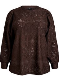 Langermet bluse med hullbroderi, Brun