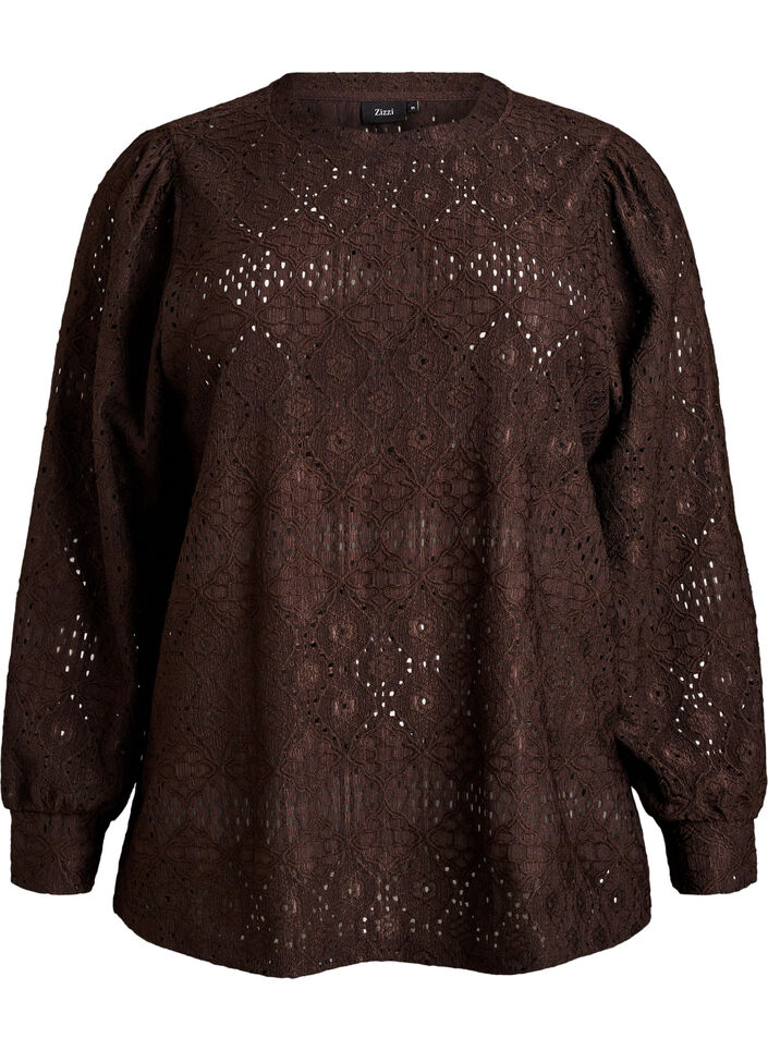 Langermet bluse med hullbroderi, Brun, Packshot image number 0