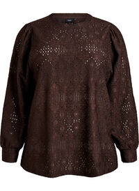 Langermet bluse med hullbroderi, Brun Langermet bluse med hullbroderi