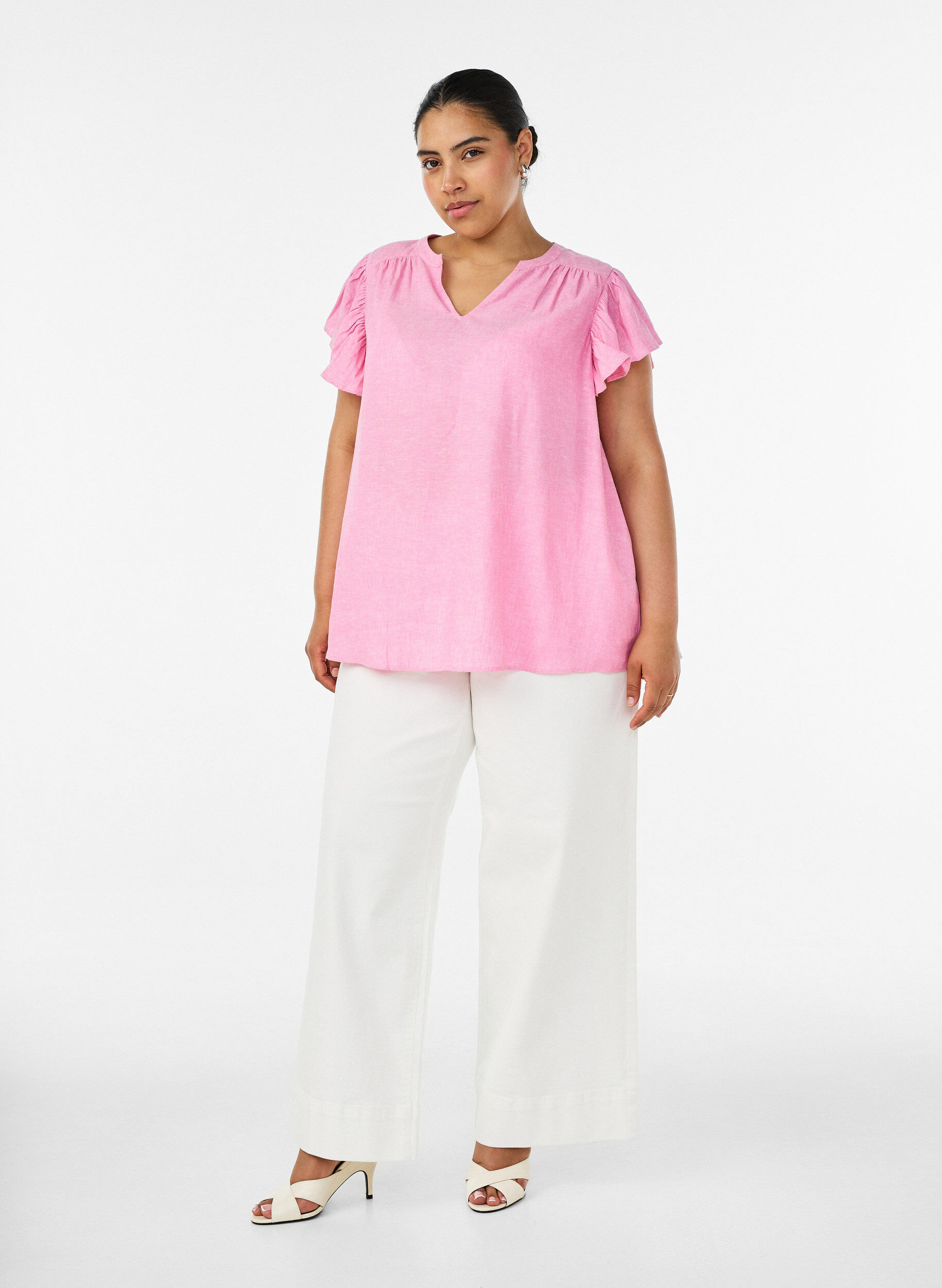 ZizziBluse i viskose og lin med volangermer, Rosa, Model image number 1