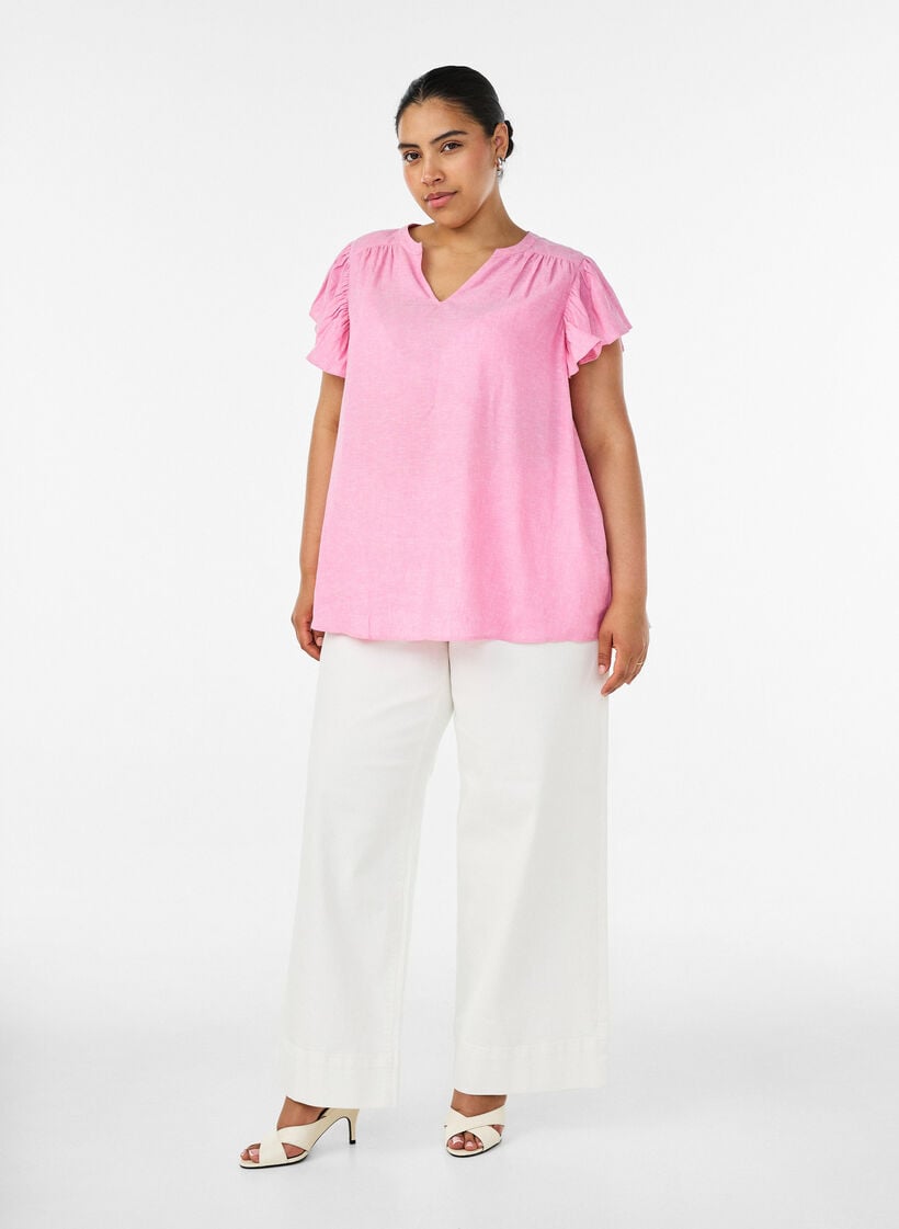 Bluse i viskose og lin med volangermer, Rosa, Model image number 1