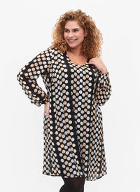 Langarmet kjole med V-hals og trykk, Black Dots AOP, Model