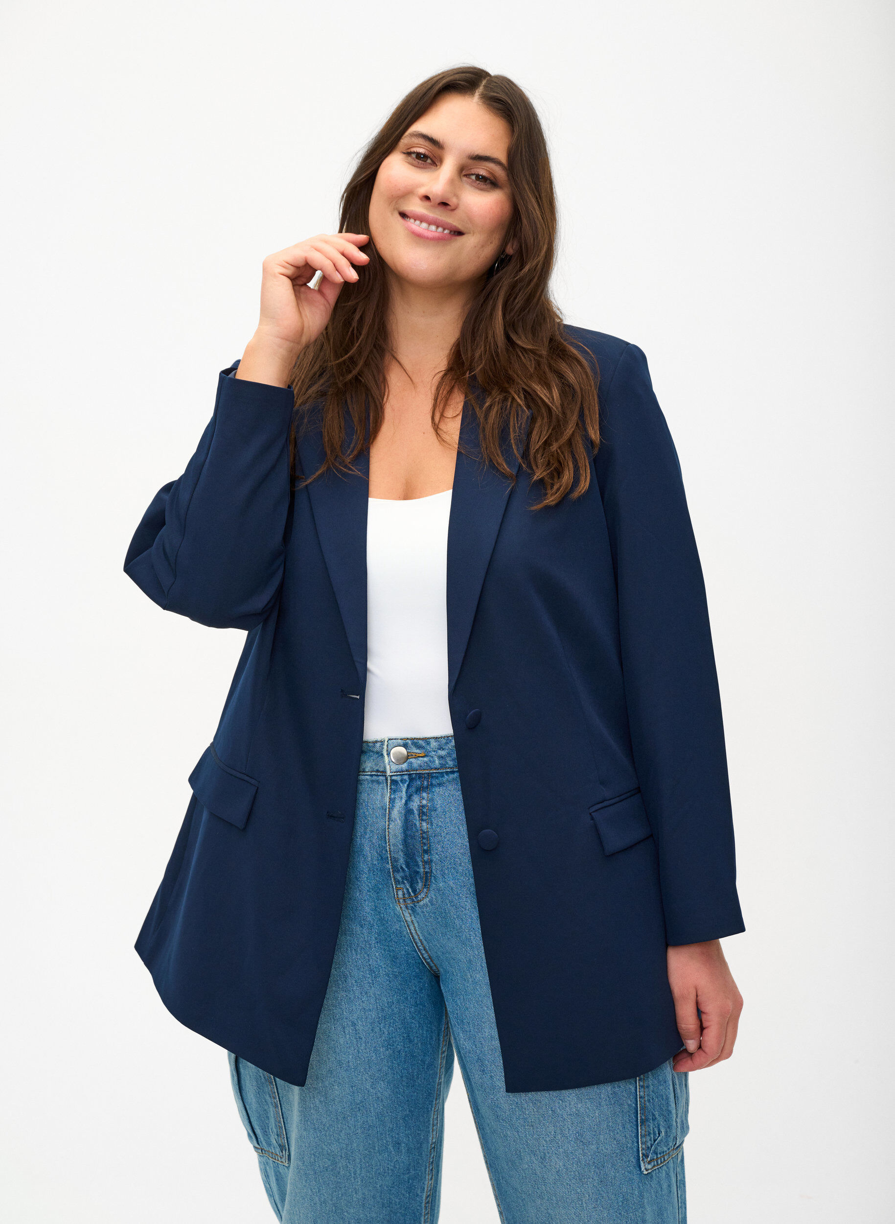 Zizzi Klassisk blazer med knappelukking, Navy Blazer, Model image number 0