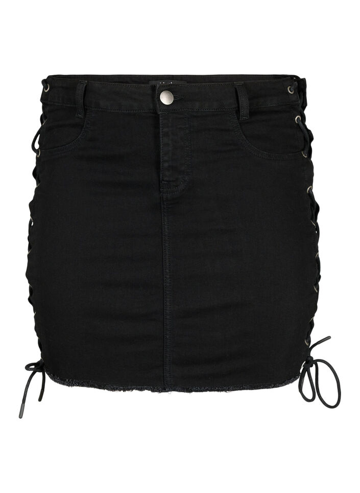 Kort denimskjørt med snøredetaljer, Black, Packshot image number 0