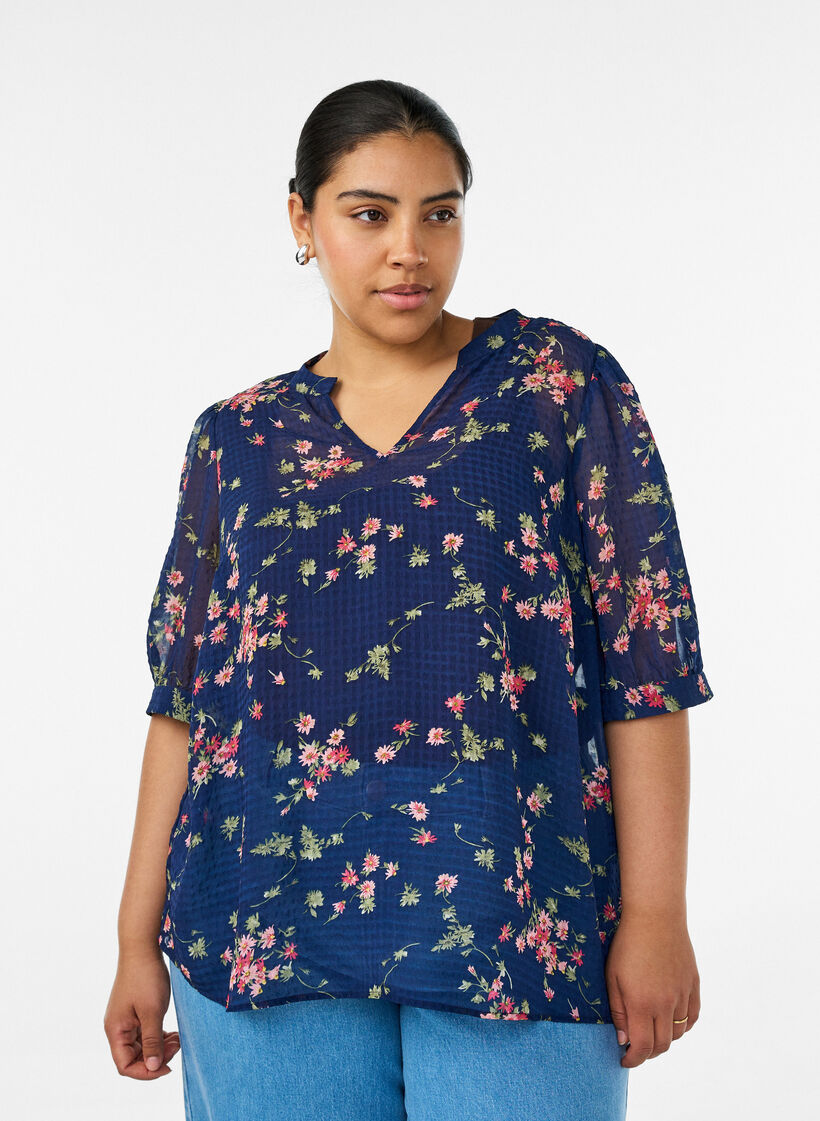 Bluse med blomstertrykk og V-hals, Bl&aring;, Model image number 0
