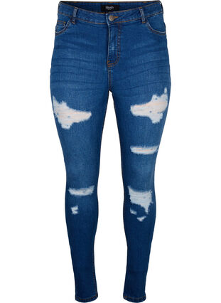 Slim-fit jeans med slitte detaljer, Blue Denim, Packshot image number 0