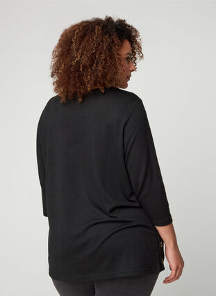 Bluse med 3/4-ermer og knapper, Black, Model image number 1