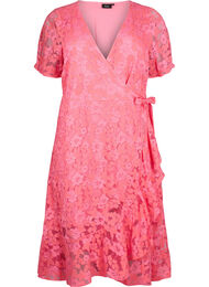Omslagskjole med blonder og korte ermer, Pink Carnation