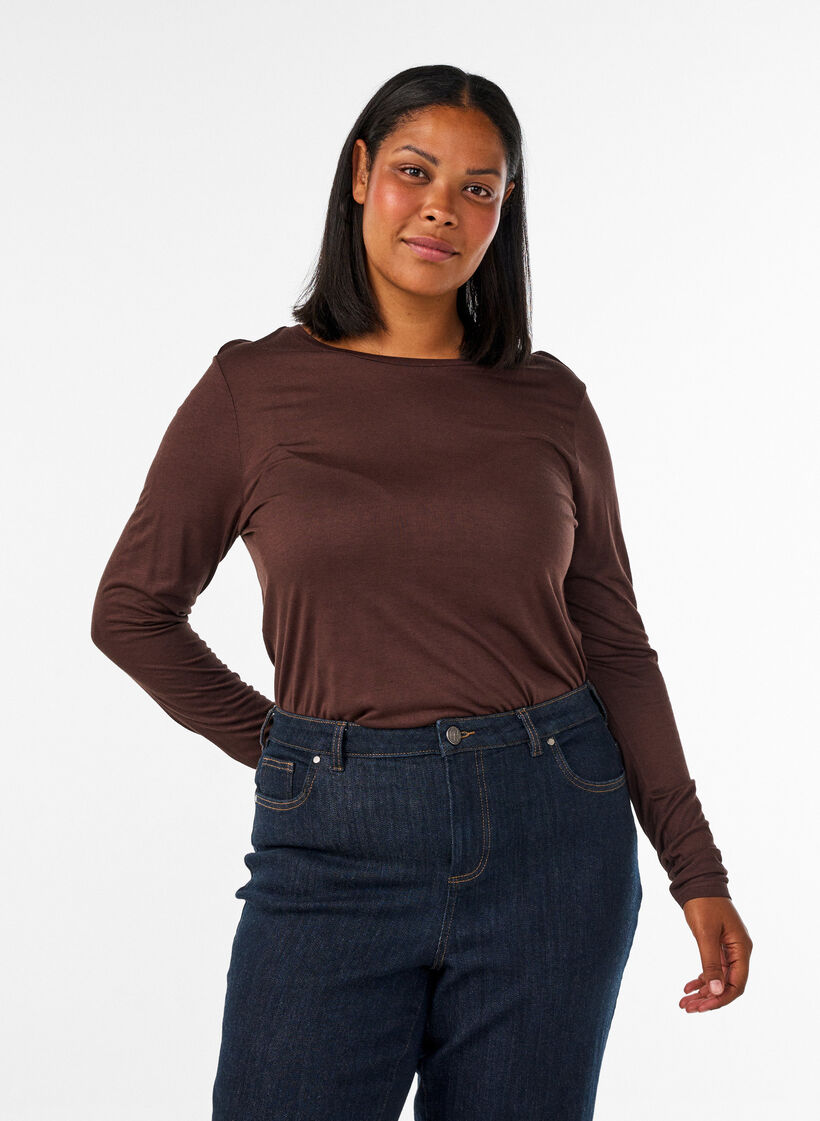 Langermet bluse i ull og viskose, Brun, Model image number 0