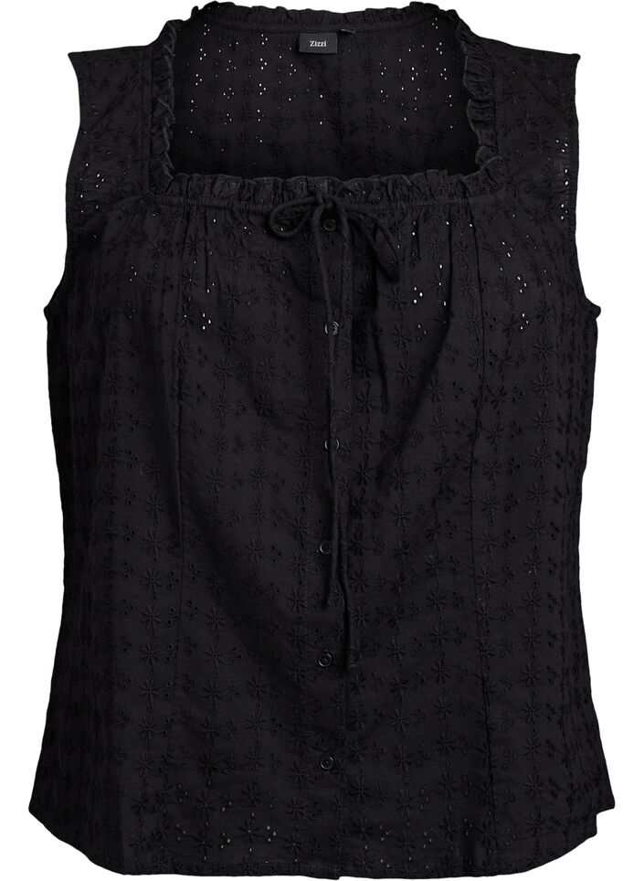 Ermel&oslash;s bluse med broderi anglaise og volanger, Svart, Packshot image number 0