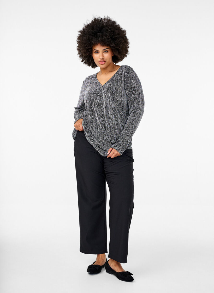 Omslagslook glitter festtopp, Svart, Model image number 1