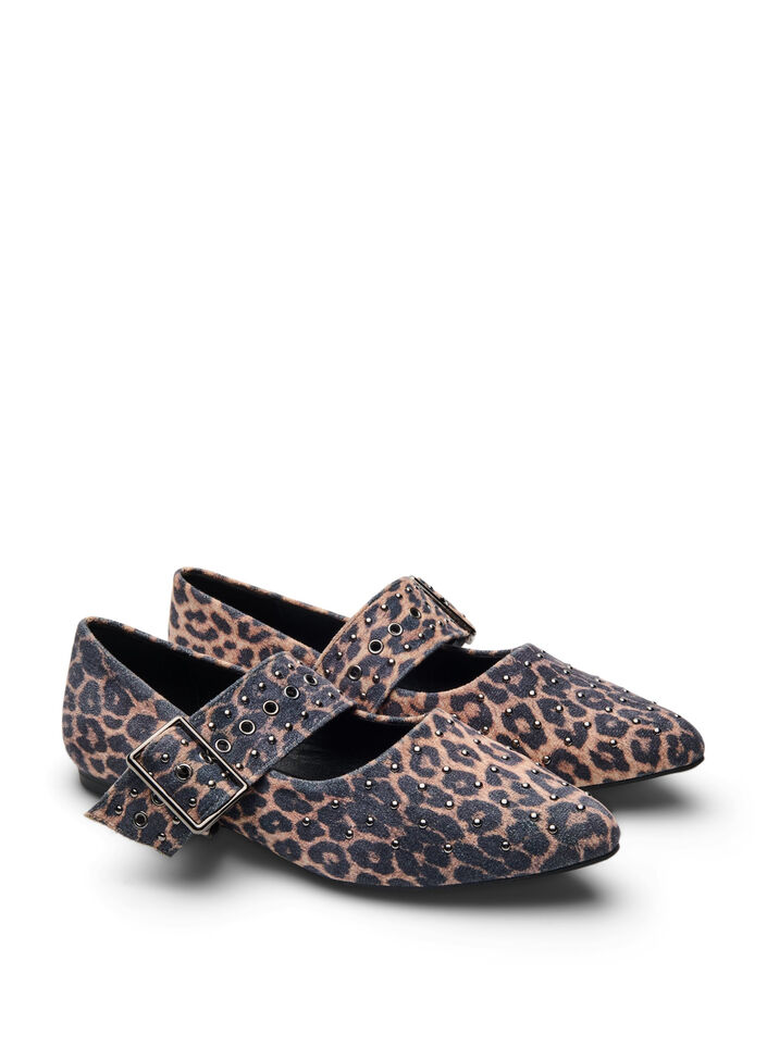 Wide fit - Ballerina med leopardmønster, spenne og nagler, Leopard AOP, Packshot