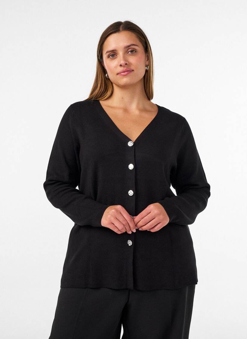 Finstrikket cardigan med dekorative knapper, Svart, Model image number 0