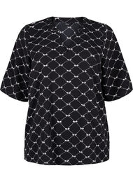 Bluse med V-hals og sløyfetrykk, Black Bow AOP