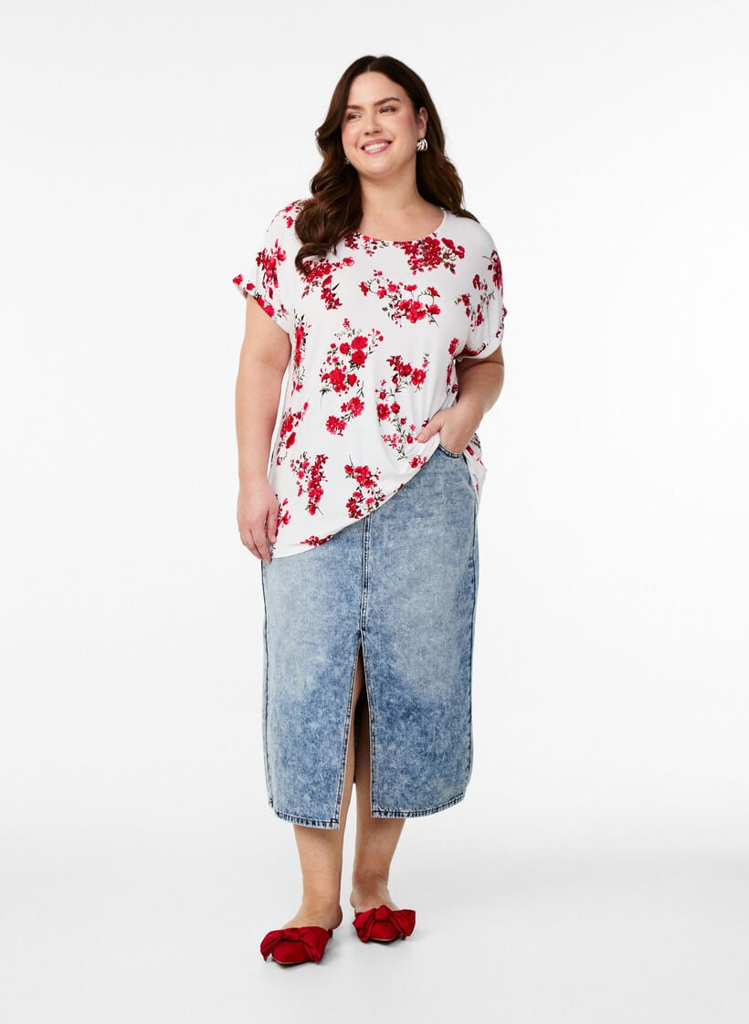 T-skjorte med blomstertrykk, Rød, Model image number 1