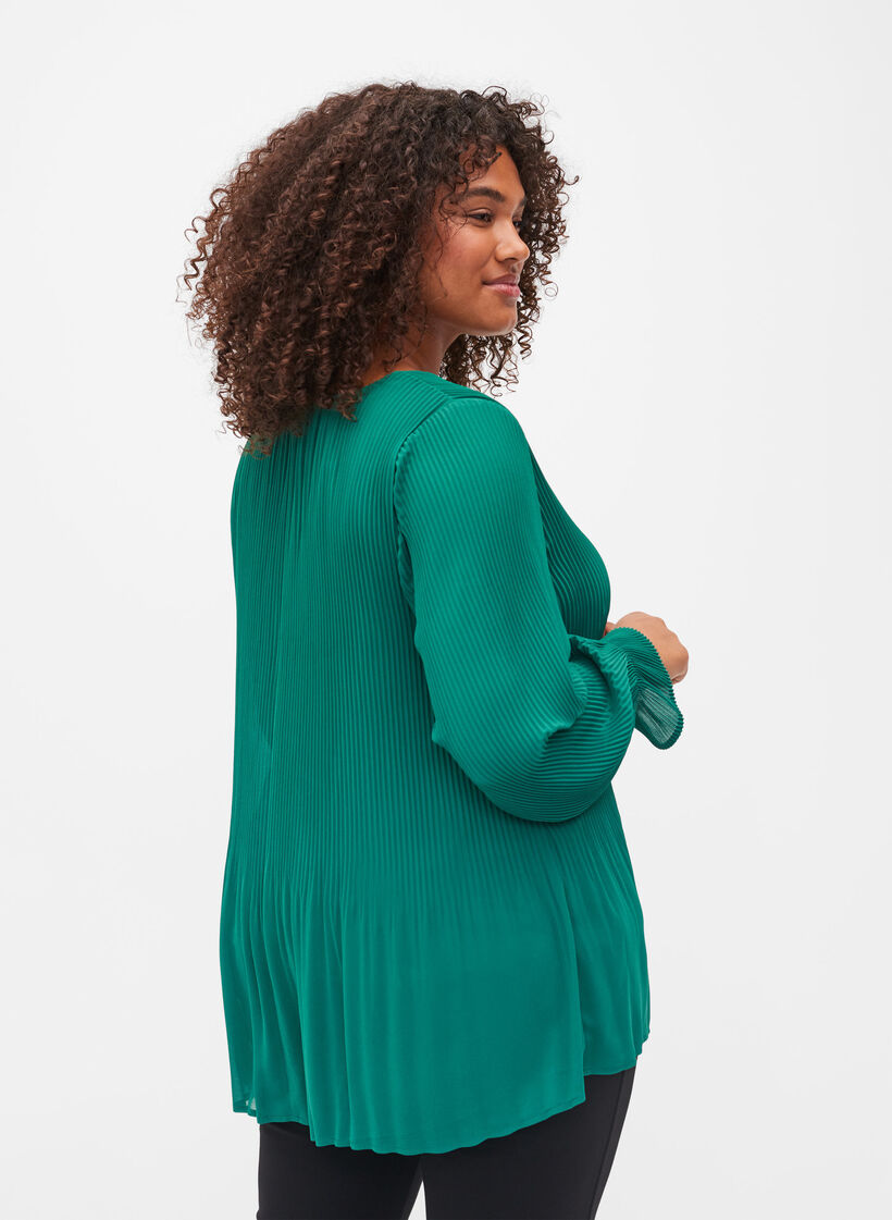 Bluse i plissé med V-hals, Evergreen, Model