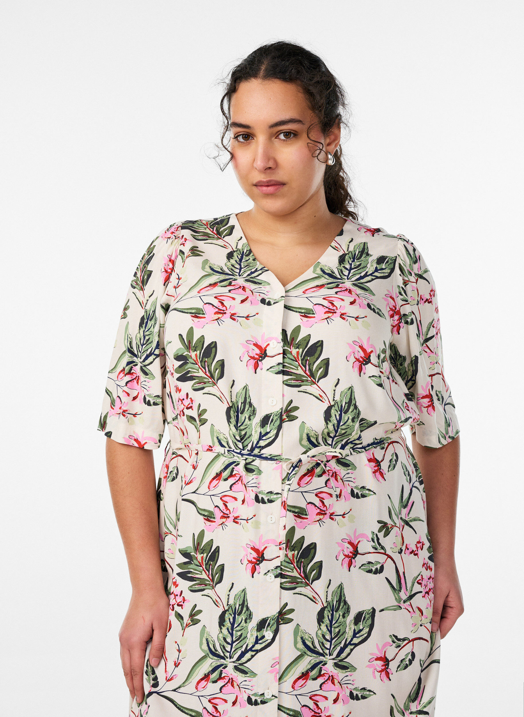 Zizzi Midikjole med trykk og knytebelte, Vanilje, Model image number 2