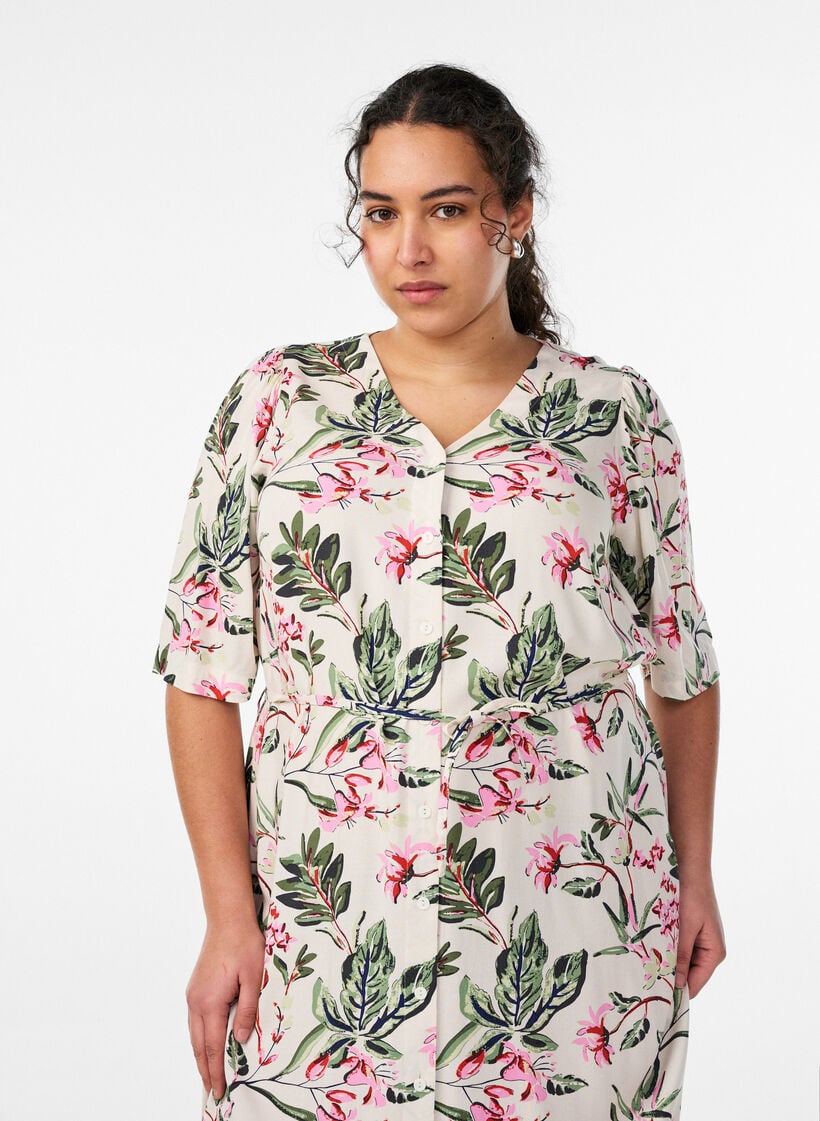 Midikjole med trykk og knytebelte, Vanilje, Model image number 2