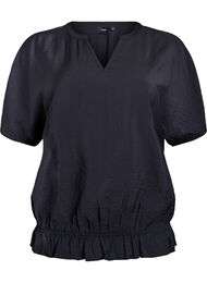 Bluse med korte ermer og volangkant, Black SOLID