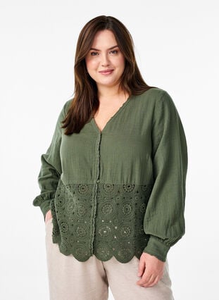 Zizzi Bomullsskjorte med heklede detaljer, Grønn, Model image number 0