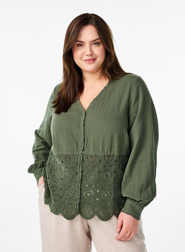 Zizzi Bomullsskjorte med heklede detaljer, Grønn, Model image number 0
