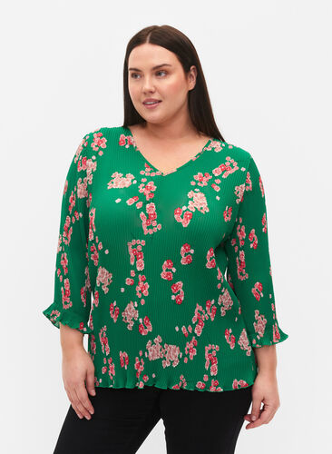 Bluse med plissé og 3/4-ermer, Jolly Green Flower, Model image number 0
