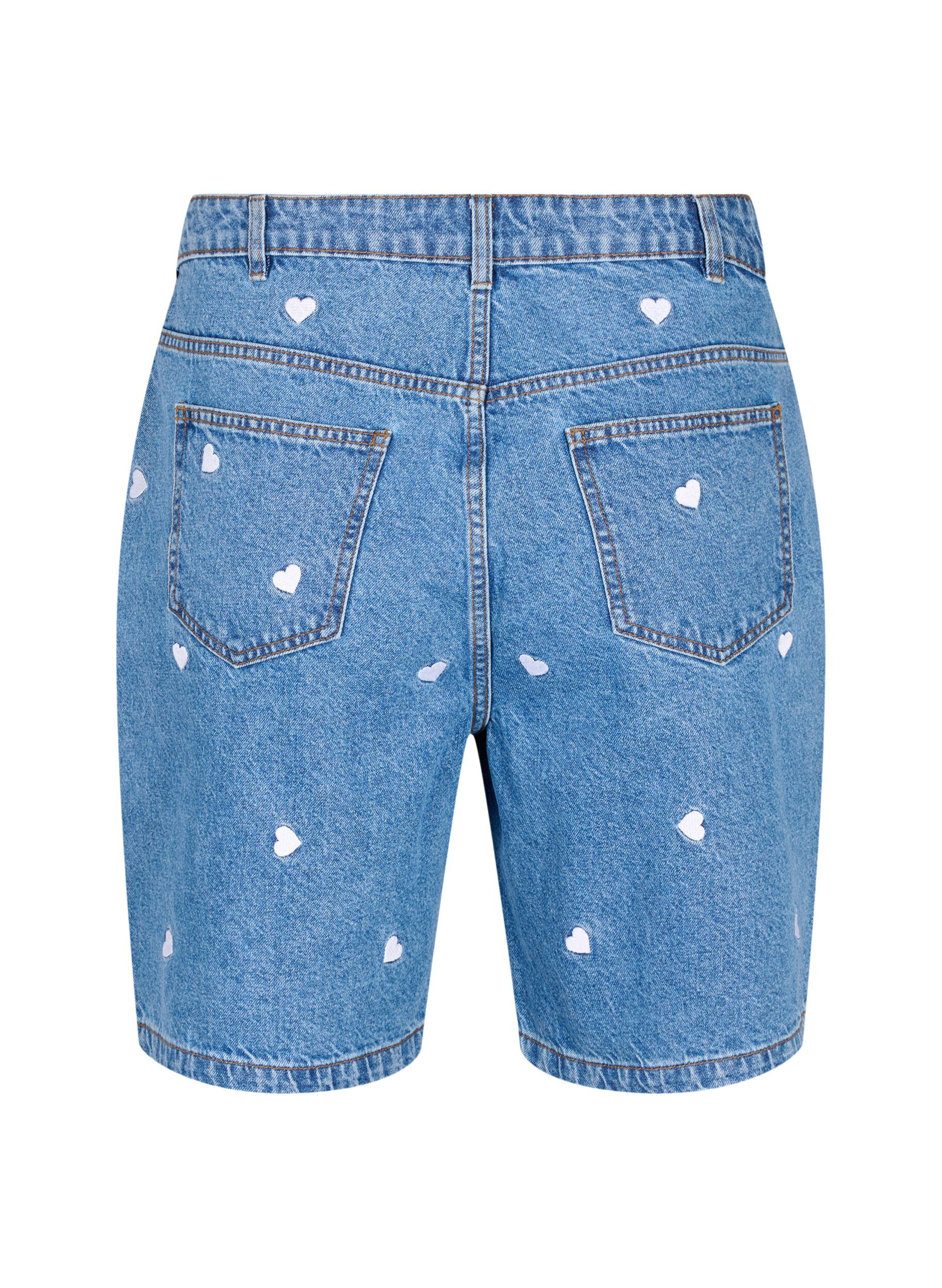 Zizzi Dongerishorts med h&oslash;y midje, med broderte hjerter, Bl&aring;, Packshot image number 1
