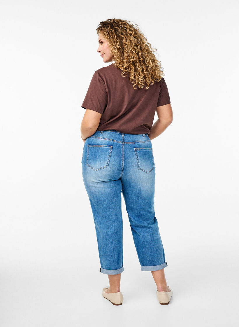 7/8 jeans med oppbrettede kanter og høy midje, Medium Blue Denim, Model