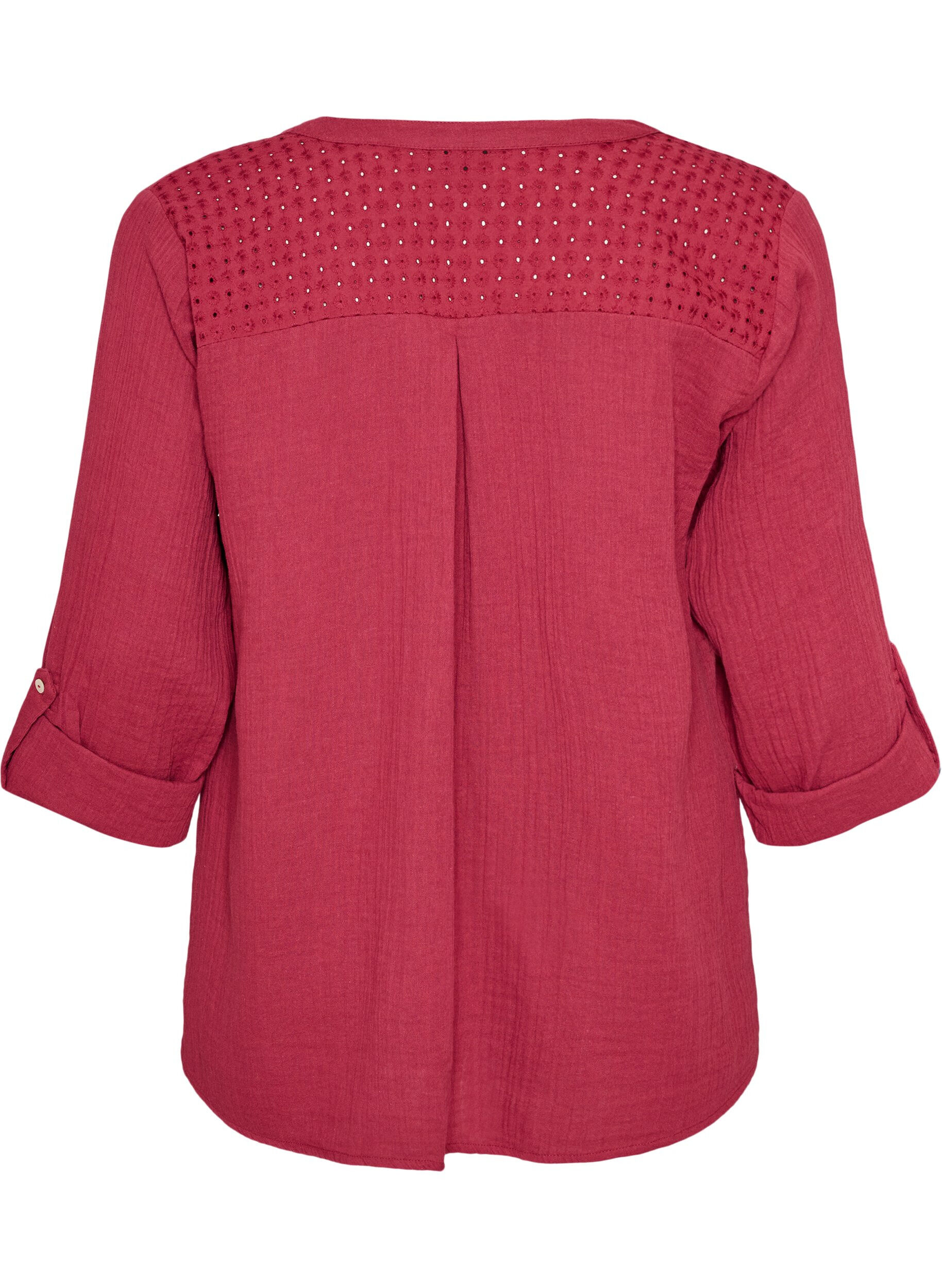 ZizziBluse i bomullsmuslin med broderie anglaise, R&oslash;d, Packshot image number 1