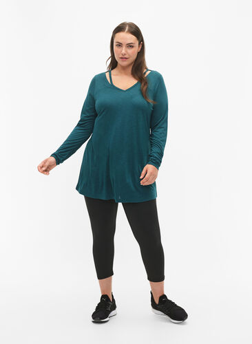 A-formet trenings-t-skjorte med lange ermer	, Deep Teal, Model image number 2